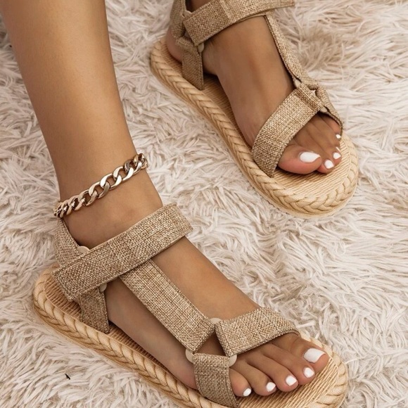 Women Triangle Decor Linen Ankle Strap Sandals, - Picture 4 of 7